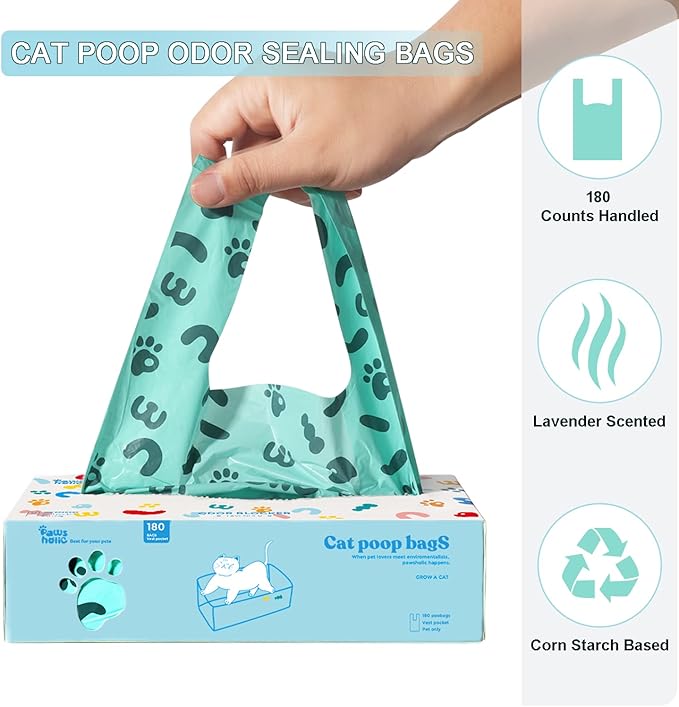 Cat Litter Disposal Bags and Dog Poop Bags with Handle,Cornstarch Based Extra Thick and Guaranteed Leak Proof Poop bags for Kitty and Doggy(180 Count 1.1 Gallon,Unscented)