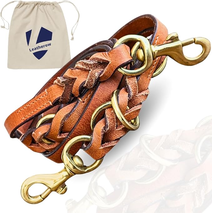 8 FT Multi-Function Leather Dog Leash, Genuine Leather Hands-Free Training Lead for Small Medium Large Dogs, Adjustable Long Leash for Walking, Hiking, Obedience Control (Tan, 8 Ft)