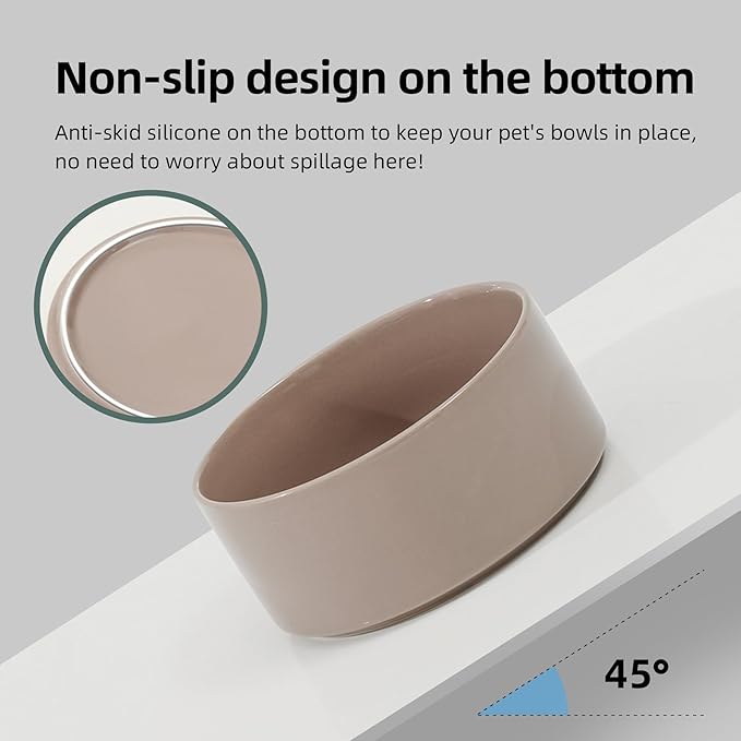 Ceramic 5.1inch Raised Double Bowls Set with Wooden Stand, Elevated Food & Water Bowls for Small Breed Dogs, Cats, Kitty, Weighted Dog Dishes, Pet Bowls(13.5oz, Brown Coffee)