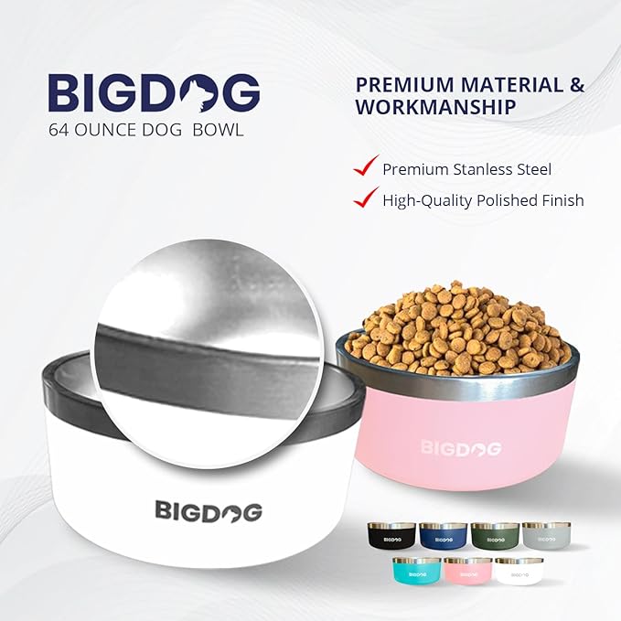BigDog Dog Bowls, Dog Bowls for Large Dogs, Stainless Steel Dog Bowls, No Spill Dog Bowls, Dog Food and Water Bowl (100 Ounce, Pink)