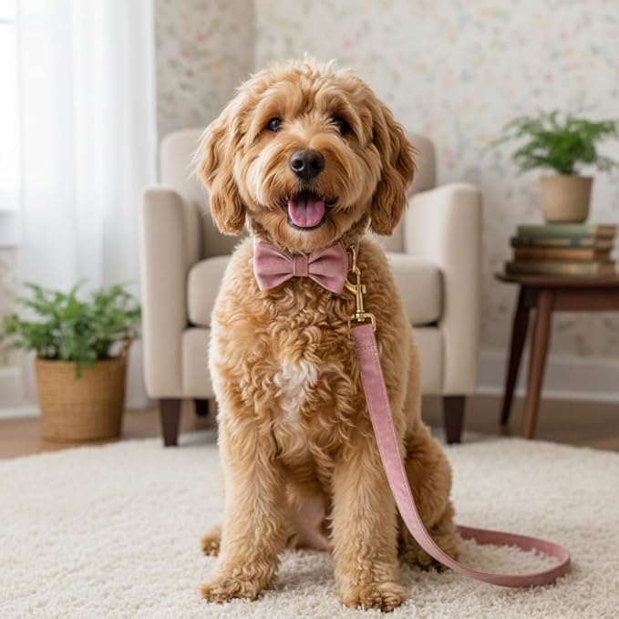 PETDURO Personalized Dog Collar Champagne Pink Soft Velvet for Large Medium Small Girl Dogs - Custom Collar with Name Phone Engraved on Gold Metal Buckle - Add Matching Leash Bow Set via Customize Now