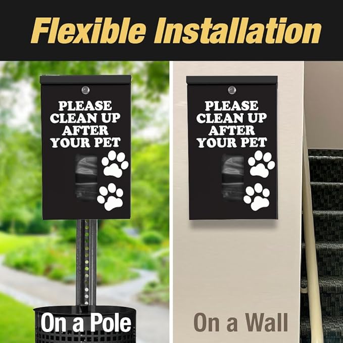 Dog Waste Bag Dispenser - Paw Prints Black Design, Rustproof Aluminum, Lock & Rainguard - Fits Header & Roll Bags - Station/Wall/Pole/Fence Mount