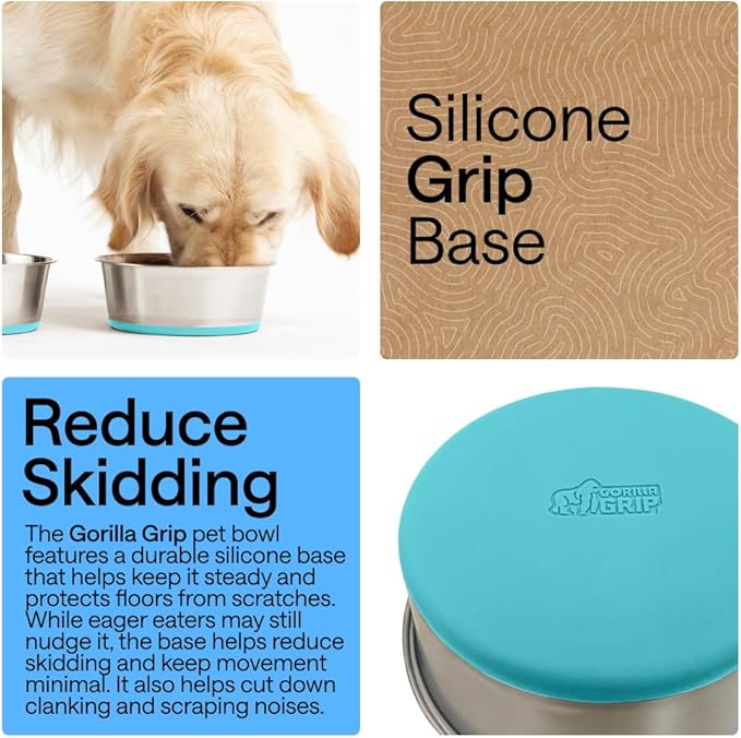 GORILLA GRIP Dog Bowls, Heavy Duty 304 Stainless Steel Holds 8 Cups Each (64 fl oz) Food and Water Bowl for Feeding Dogs and Cats Dishwasher Safe Rust Resistant BPA Free Rubber Base Set of 2 Turquoise