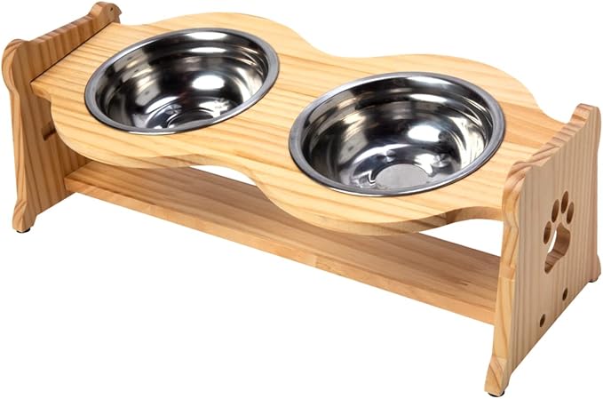 Creative Hobbies Raised Pet Bowls for Cats and Dogs - Bamboo Adjustable Elevated Stand with 2 Stainless Steel Bowls | Anti-Slip Grip, 4 Inches Tall