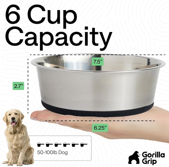 GORILLA GRIP Set of 2 Dog Bowls, Holds 6 Cups (48 fl oz), Heavy Duty Metal Food and Water Bowl for Feeding Dogs and Cats, Dishwasher Safe, Rust Resistant Stainless Steel, BPA Free Rubber Base, Black
