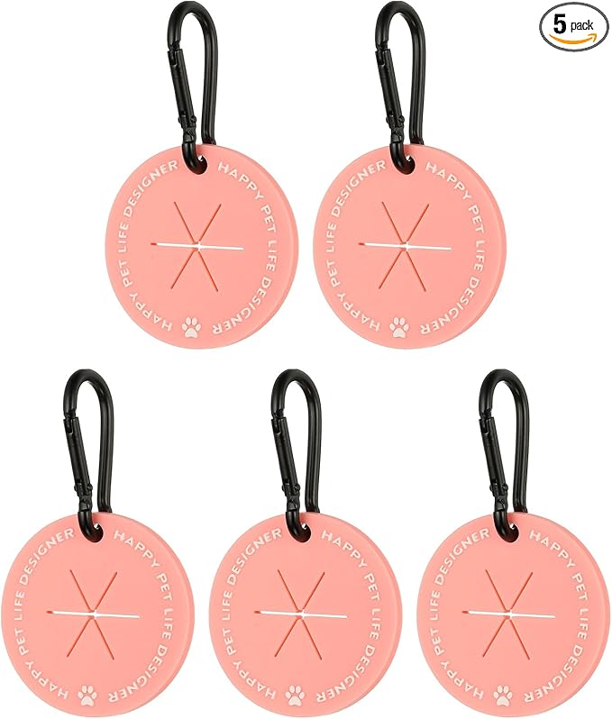 Dog Poop Bag Clip, Dog Poop Bag Holder Round for Dispenser Carrier Hands-Free Lightweight Durable PVC, (Pink, 5 Pcs), Intended for Leash/Pet Waste Bag