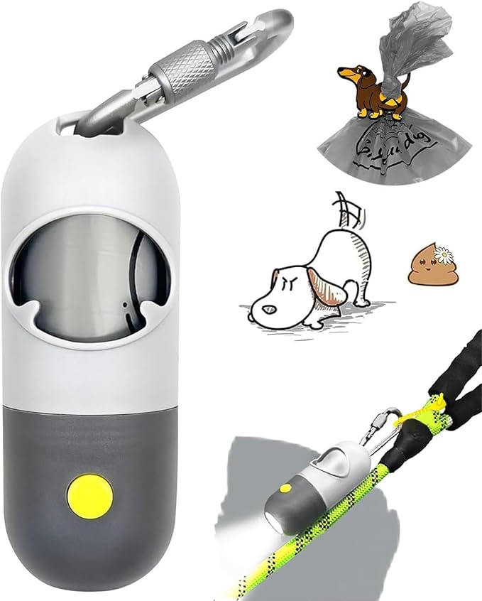 Dog Poop Bag Dispenser with Flashlight|Dog Poop Bag Holder with Leash Clip|Hands-Free Leash Holder with Straps and 1 Roll Waste Bags (Light Grey)