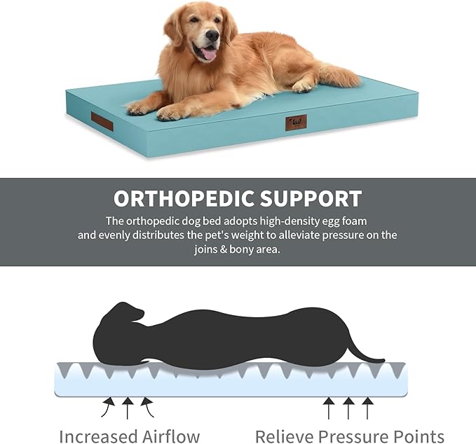 Outdoor Dog Bed for Small Dogs & Cats, Waterproof Dog Crate Mat Orthopedic Egg Crate Foam with Washable Removable Oxford Cover, Light Blue