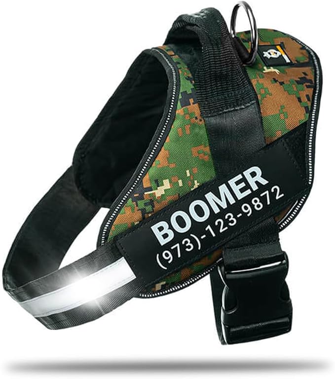 Personalized No-Pull Dog Harness with Name Patch, Adjustable, Reflective, Padded, Heavy Duty Pet Vest to Prevent Tugging, Pulling, or Choking, Training and Walking, Military Green, 2XL