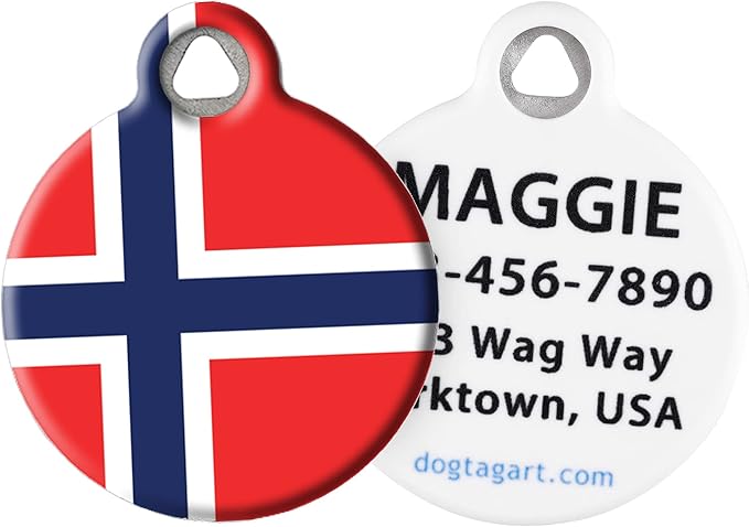 Dog Tag Art Norwegian Flag Personalized Pet ID Tag for Dogs and Cats, Silent Polymer Coated Stainless Steel Flag of Norway Nametag with Customized Identification Information - Small .875" Diameter