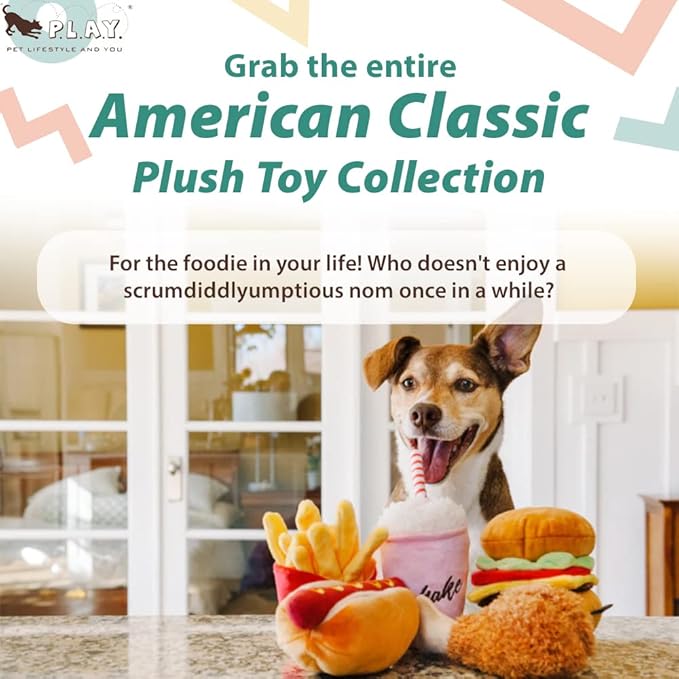 P.L.A.Y. Cute Plush Dog Toys - Fast Food Themed Durable Squeaker Chew Toy, Great for Puppies & Small, Medium Dogs - Machine Washable, Recycled Materials (American Classic Burger, X-Small)