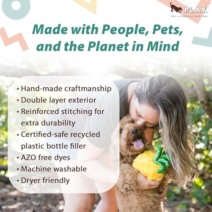 P.L.A.Y. PET LIFESTYLE AND YOU P.L.A.Y. Cute Plush Dog Toys - Tropical Paradise Summer Themed 4-in-1 Squeaker Chew Toy, Great for Puppies Dogs, Machine Washable (Paws Up Pineapple)