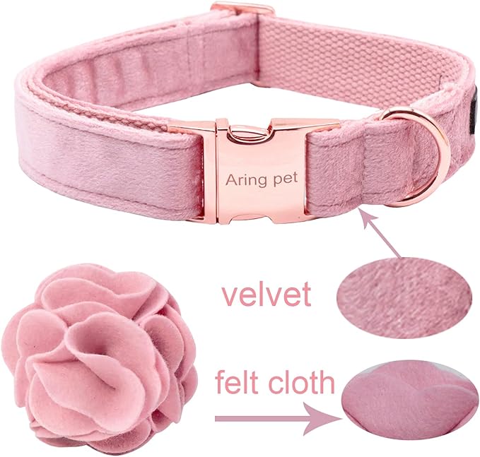 ARING PET Velvet Dog Collars, Pink Soft Pet Collar with Detachable Felt Flower Metal Buckle for Puppy Small Medium Large Boy Girl Dogs-L