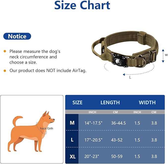Personalized Tactical Dog Collar with Waterproof airtag Holder & Name Phone Number, Heavy Duty Nylon Military Dog Collar with Strong Metal Buckle for Medium and Large Dogs(Khaki,M)