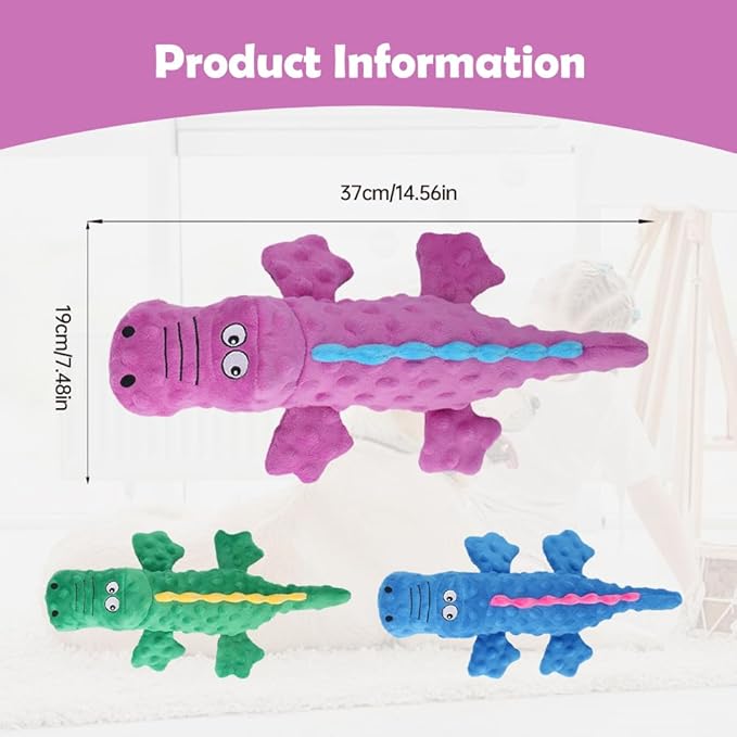 Indestructible Plush Dog Toy for Aggressive Chewers, Boredom Relief Squeaker Chew Toy with Double Fabric, Durable Crocodile Teething Toy for Large Medium Small Dogs (Purple)
