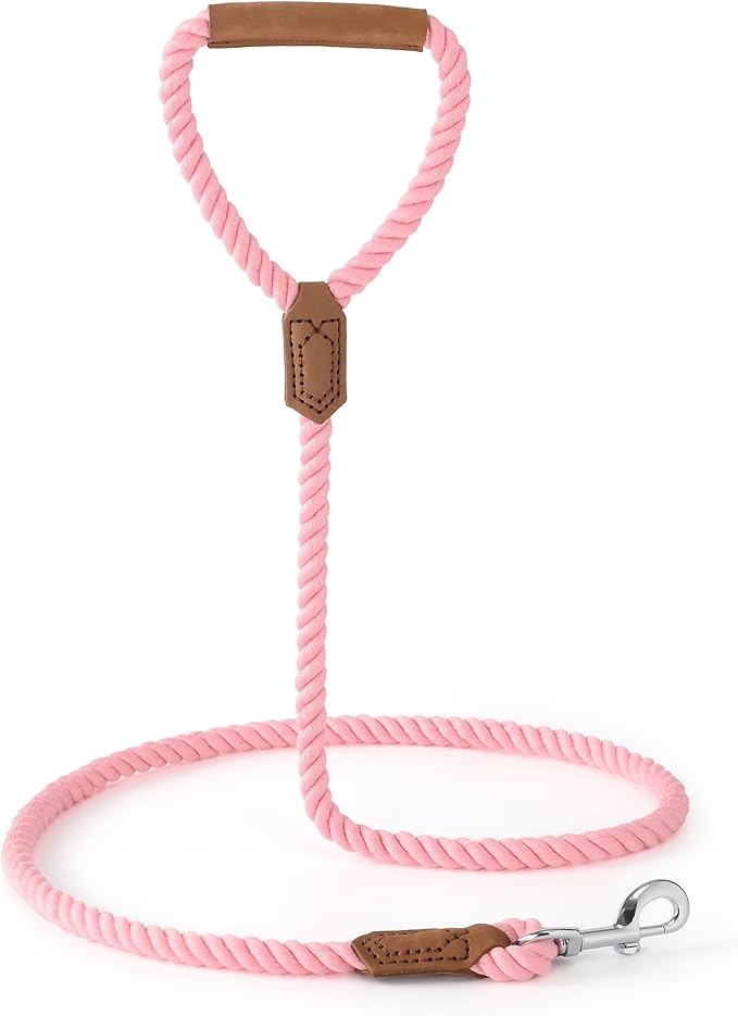 Mile High Life Dog Leash, Braided Cotton Rope Leashes with Leather Handle - Heavy Duty Metal Clasp, 5FT, 1/2" Thick - Wedding, Walking & Training Leash for Small Medium Large Dogs (Pink)
