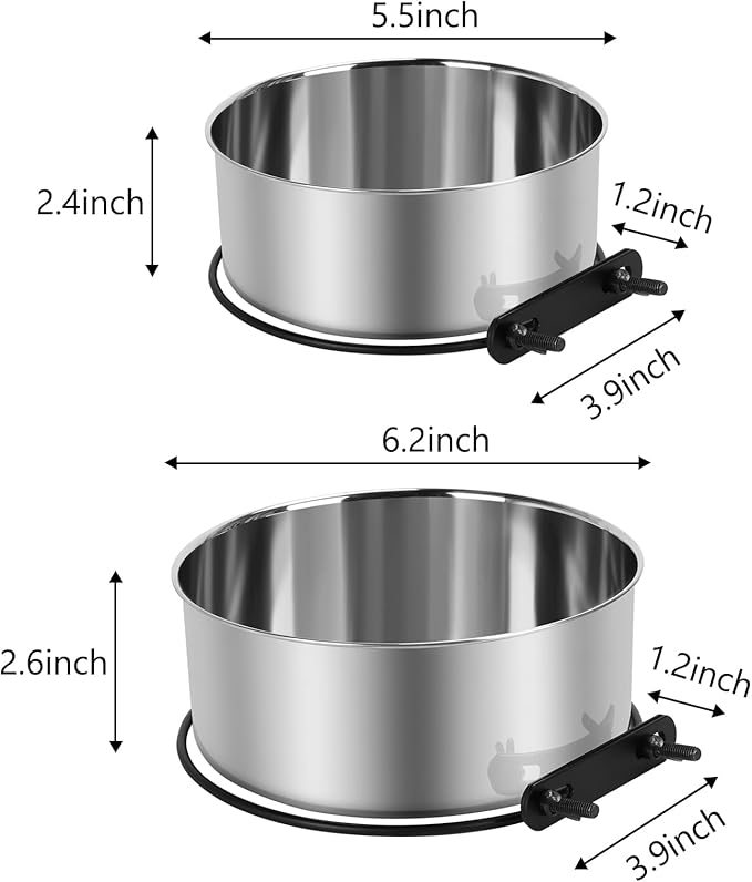Dog Kennel Water Bowl Hanging, ShineMe 2 Pack 34oz & 25oz Nonslip Stainless Steel Dog & Cat Food and Water Feeder Bowls Mounts to Wire Crates Cages Kennels