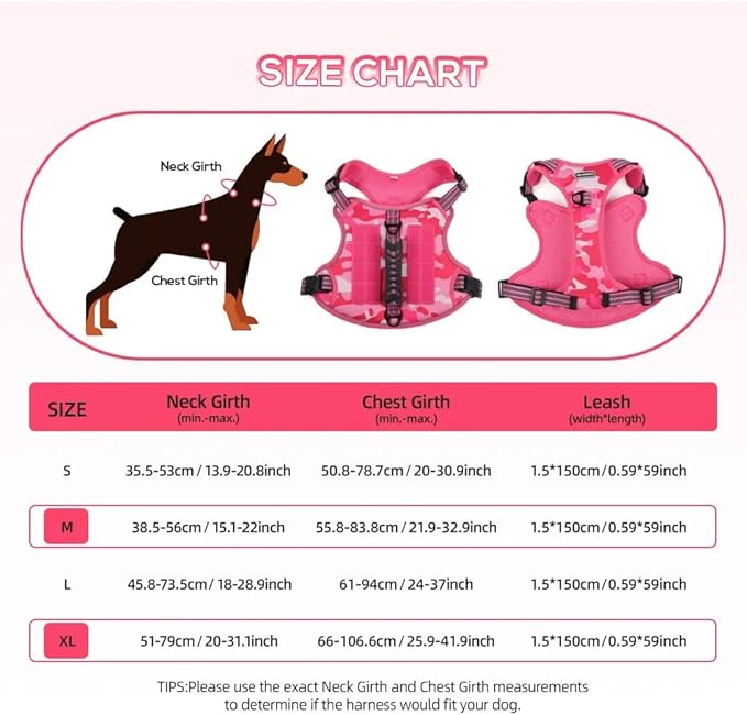 Tactical Dog Harness with Leash for Large Dogs, No Pull Adjustable Dog Harness, Reflective K9 Working Pet Vest for Walking, Training (Fuchsia Camo, M)