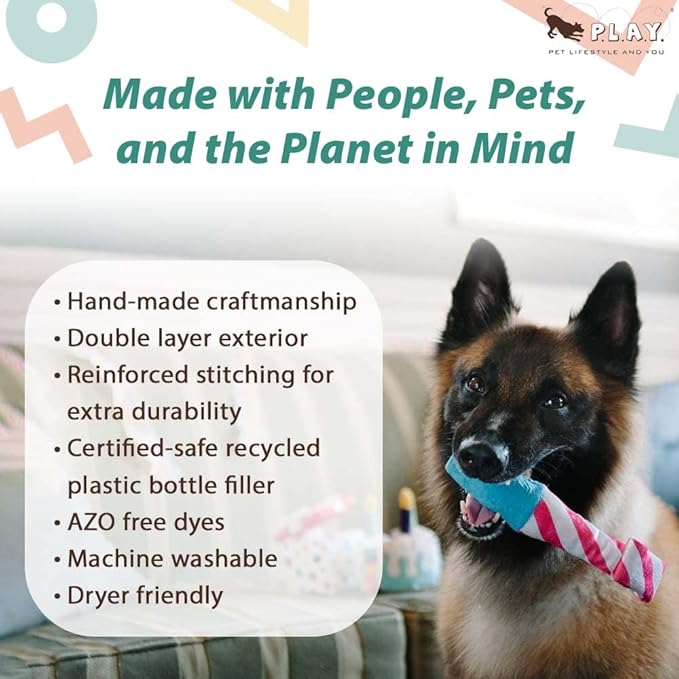 P.L.A.Y. Cute Plush Dog Toys - Birthday Party Themed Durable Squeaker Chew Toy, Great for Puppies & Small, Medium, Large Dogs - Machine Washable, Recycled Materials (Raise the Woof Party Horn, Medium)
