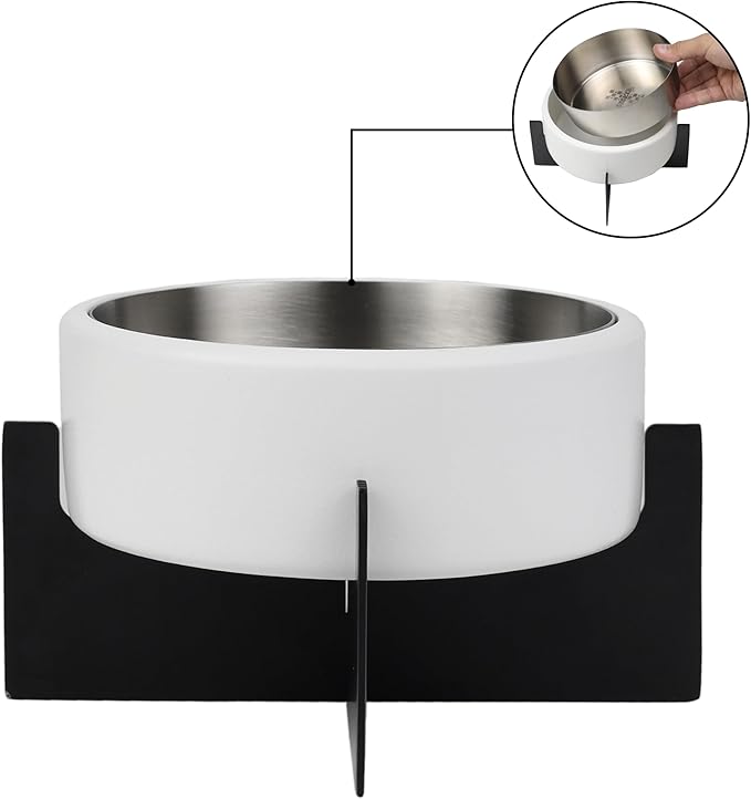 DBL3000E Intersecta Small/Medium Concrete and Stainless Steel Bowl 16oz (2 Cups) with Metal Stand Pet Feeder, White/Black