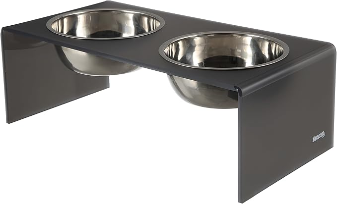 The LICKER Store DBL2001J Keaton 7.5" Medium/Large Modern Acrylic Rectangular Elevated Pet Feeder with 54oz 2-Stainless Steel Bowls, Dark Gray/Chrome