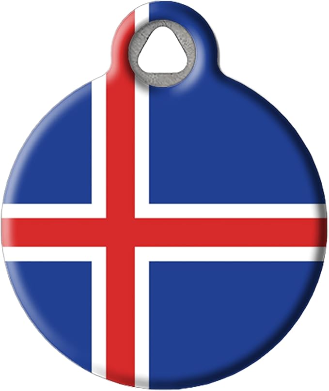 Dog Tag Art Icelandic Flag Personalized Pet ID Tag for Dogs and Cats, Silent Polymer Coated Stainless Steel Flag of Iceland Nametag with Customized Identification Information - Small .875" Diameter