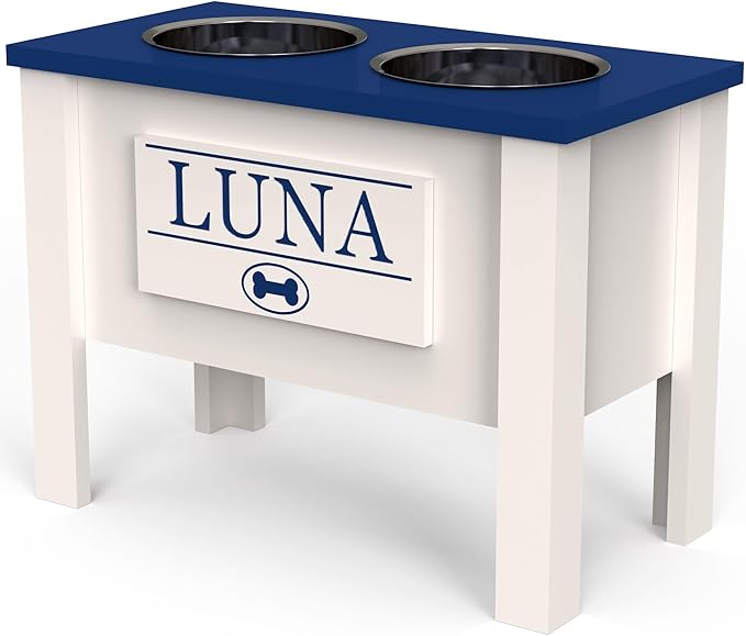 GTW Personalized Elevated Dog Bowl Stand for Large, Medium, Small, X-Small Dogs - Stainless Steel Food and Water Bowls - Raised Dog Dish (X-Large, Blue)