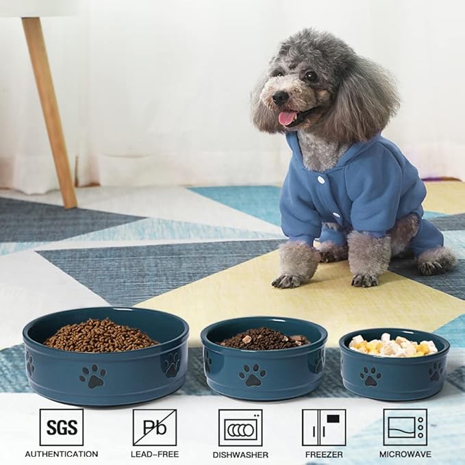 Sweejar Ceramic Dog Bowls with Paw Pattern, Dog Food Dish for Small Dogs, Porcelain Pet Bowl for Water 16 Fl Oz (Fog Blue)