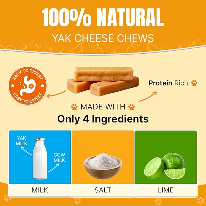 Tibetan Yak Cheese Dog Chew Sticks (4 Medium Chews) - Natural, Handmade, Long-Lasting, Easy to Digest, Ideal for Medium Dogs and Aggressive Chewers, Rawhide, Grain and Gluten Free, Keeps Dogs Busy
