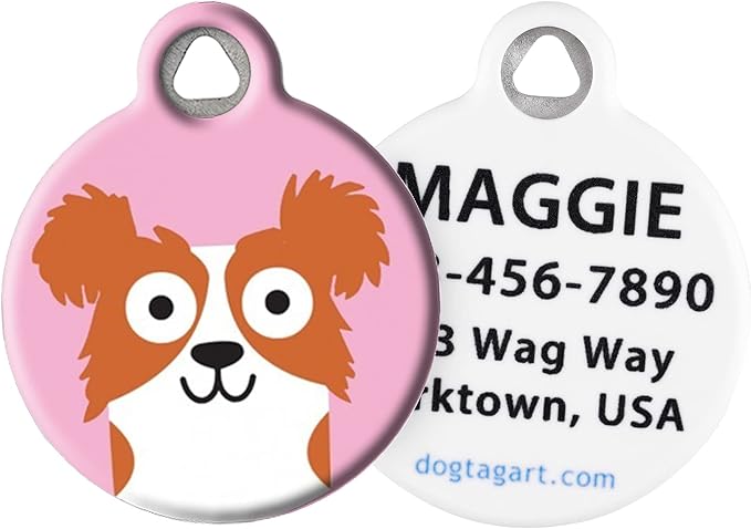 Dog Tag Art Papillion Girl Personalized Pet ID Tag for Dogs, Silent Polymer Coated Nametag with Customized Identification Information - Small .875" Diameter