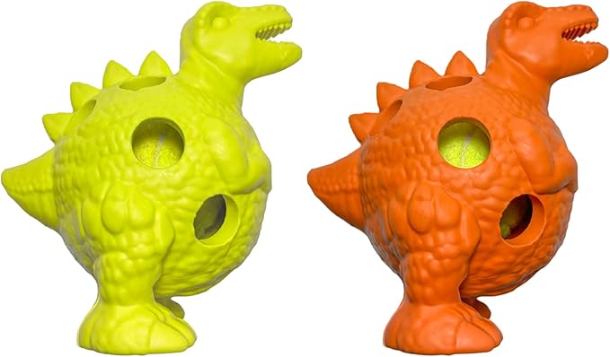 Friends Forever Squeaky Dog Toys with Tennis Ball, Tough Dog Chew Toy, Interactive Fun Indoor Play, Non-Toxic Durable Natural Rubber Puppy Teething, Dinosaur Citron/Orange 2 Piece