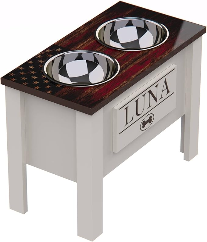 GTW Personalized Elevated Dog Bowl Stand for Large, Medium, Small, X-Small Dogs - Stainless Steel Food and Water Bowls - Raised Dog Dish (X-Large, Flag Design)