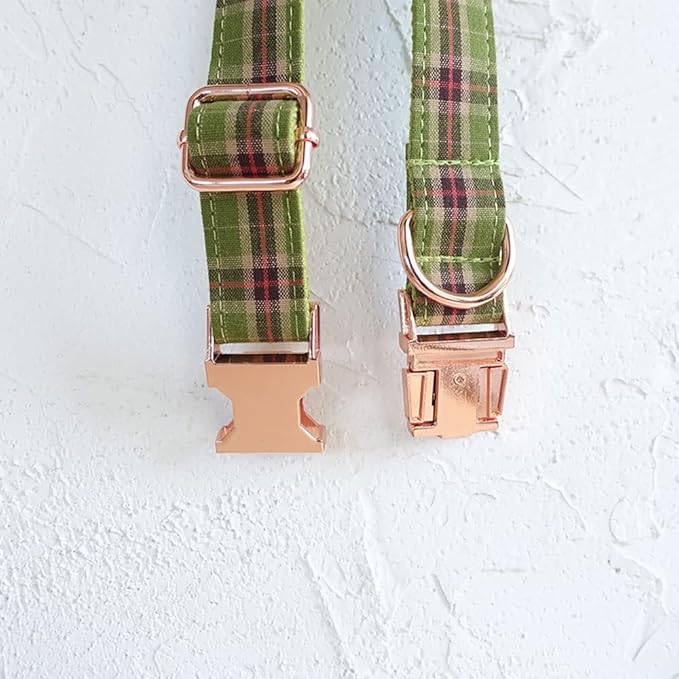 PETDURO Personalized Plaid Dog Collar Apple Green - Engraved Name and Phone Number on Rose Gold Metal Buckle - Custom for Small Medium Large Boy Girl Dogs - Add Leash Bow Tie via Customize Now