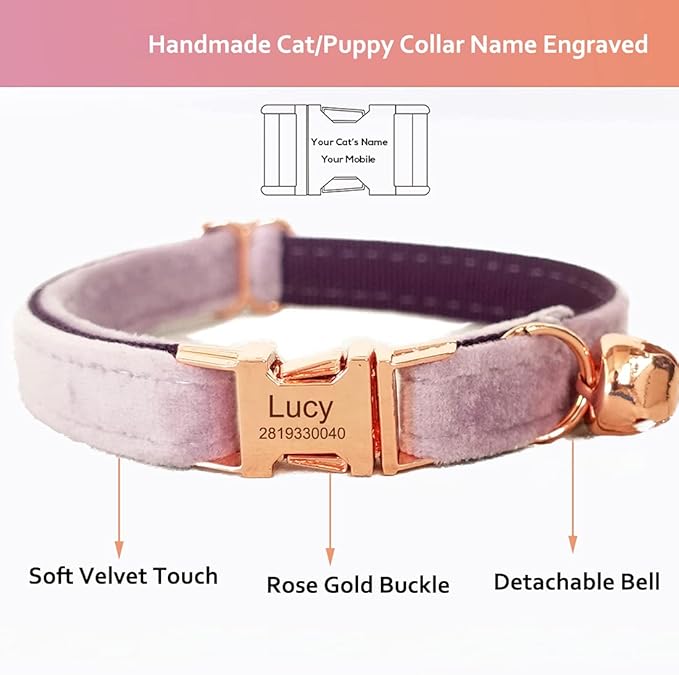 Cat Collar Personalized with Name Engraved and Bell, Customized Velvet Collars for Puppy Kittens (Purple, S)