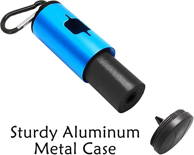 Aluminum Dog Poop Bags Holder with Carabiner Metal Pet Waste Bags Dispenser with Hook and Loop Fastener and Elastic Cord to Carry Used Bags (Blue, 2 Holder 30 Bags)