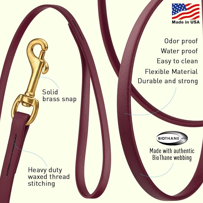 Viper K9 Biothane Working Dog Leash Waterproof Lead for Tracking Training Schutzhund Dog Sport & Search - Odor-Proof Long Line with Solid Brass Snap for Puppy Medium Large 1/2" x 15ft Merlot Burgundy