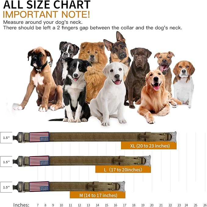 Military Dog Collar, Adjustable Nylon, Heavy Duty Metal Buckle with Handle, Includes Airtags Case Cover and Patches, Brown, XL, Suitable for Large Dogs