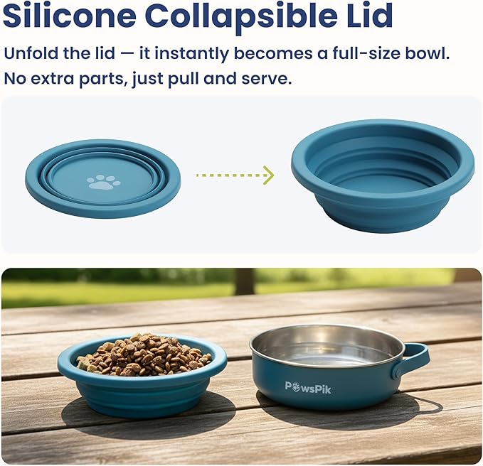 PawsPik 2-in-1 Travel Dog & Cat Bowl – Collapsible BPA-Free Silicone & 18/8 Stainless Steel, Portable & Non-Slip with Handle, Easy to Clean, Food & Water Bowl for On-the-Go Pets (Midnight Summit Blue)
