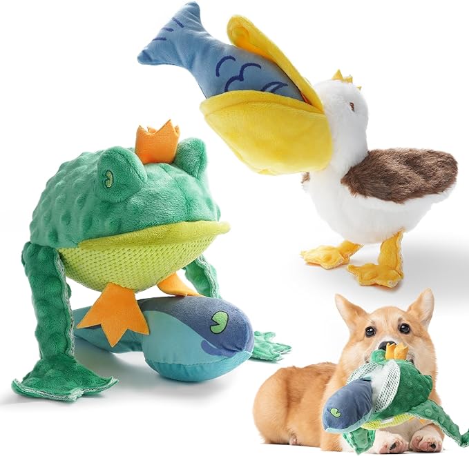 Nocciola Rip and Reveal Squeaky Dog Toys 2 Pack, Plush Animal Puzzle Set Frog & Pelican Suprise Toys Inside with Squeaker Crinkle Part Enrichment Toys for Large Medium Dogs