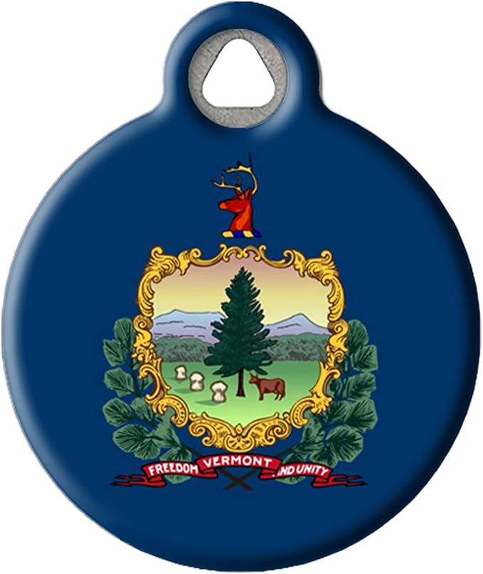 Dog Tag Art Vermont Flag Personalized Pet ID Tag for Dogs and Cats, Silent Polymer Coated Stainless Steel Vermonter Flag Nametag with Customized Identification Information - Small .875" Diameter
