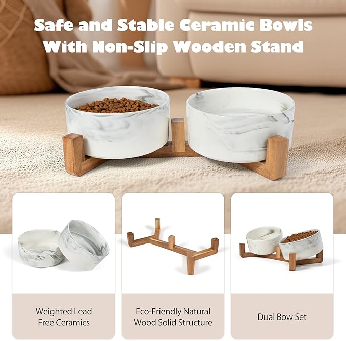 Dog Bowls Set with Wood Stand, 3.6-Cup Ceramic Pet Bowls for Medium Dogs, Weighted Food Water Bowl Set for Dog and Cat