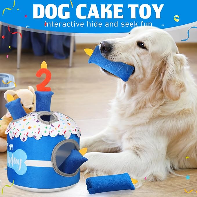 Dog 2nd Birthday Cake Toy Squeaky Interactive Dog Toy Hide and Seek Plush Dogs Puzzle Puppy Toys for Boredom Keep Them Busy for Small Medium Dogs(Blue)