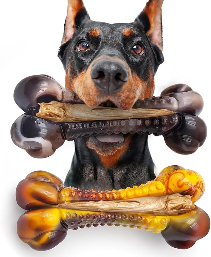 Dog Chew Toys for Aggressive Chewers, 2Pack Indestructible Nylon Tough Large Dog Toys for Small Medium Dog, Durable Interactive Dog Bone Chew Toy to Keep Them Busy, Real Beef&Bacon Flavor