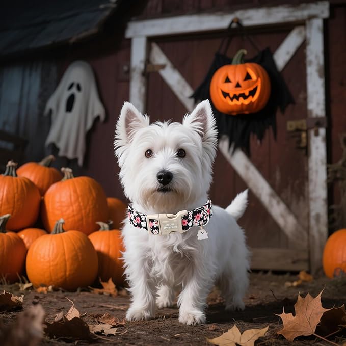 Unique style paws Dog Collar Plastic Buckle with Pendant Halloween Black Ghost Flower Puppy Collars for Small Medium Large Boys Girls Dogs