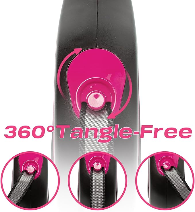 PINA Retractable Dog Leash, 16ft Dog Leash for Small Medium Dogs Up to 44lbs, 360° Tangle-Free Strong Reflective Nylon Tape, with Anti-Slip Handle, One-Handed Brake, Lock - Black Pink