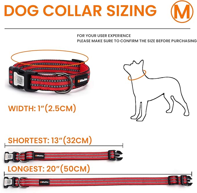 Reflective Dog Collar with QR Code Tag, Personalized Dog Collar, Safety Night Visibility, Anti-Loss Function (Red, Medium)