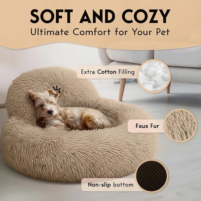 PetJett Calming Dog Beds for Small Dogs – 23" Donut Dog Beds, Anti-Slip & Washable Fluffy Plush Faux Fur Pet Bed, Anti-Anxiety Premium Comfort Round Puppy Bed, Fits Dogs up to 25 lbs – Beige