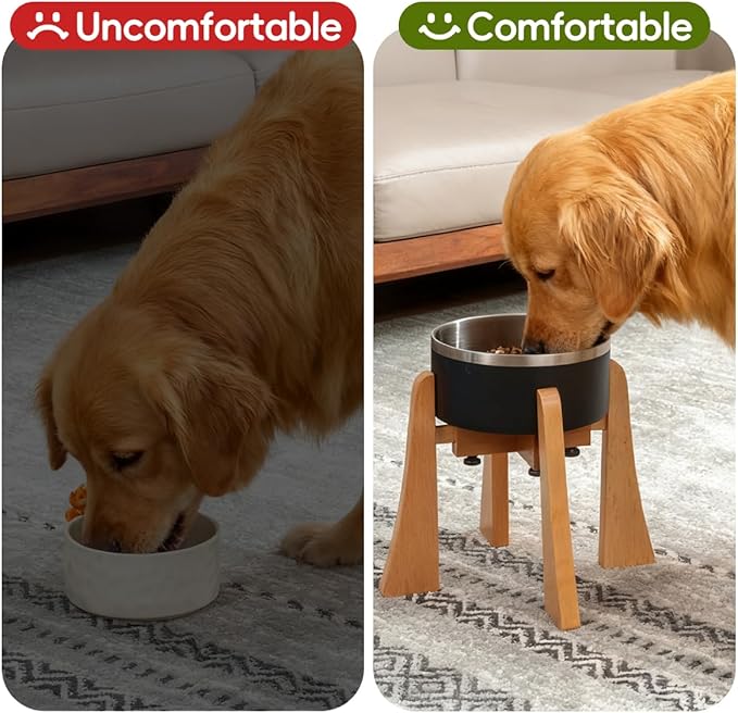 Elevated Dog Bowl Stand - Nature Beech Wood Stand 12-inch High Neck-Protecting Raised Stand for Large Sized Dog Adjustable Bowl Base Non Toxic Pet-Friendly Feeder Stand