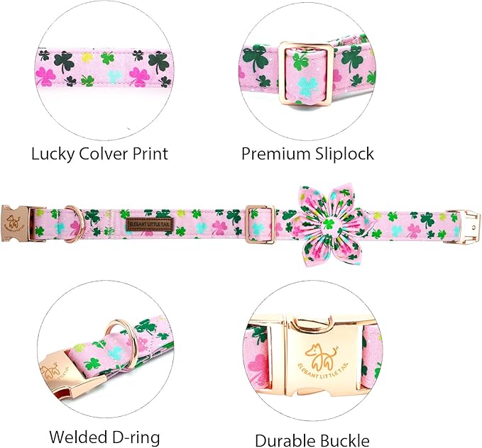 Elegant little tail St Patrick's Dog Collar with Flower Green Cute Colver Cotton Shamrock Pet Collar Trefoil Puppy Collar Flower Holiday Adjustable Cotton Pet Collar for Small Medium Large Dogs