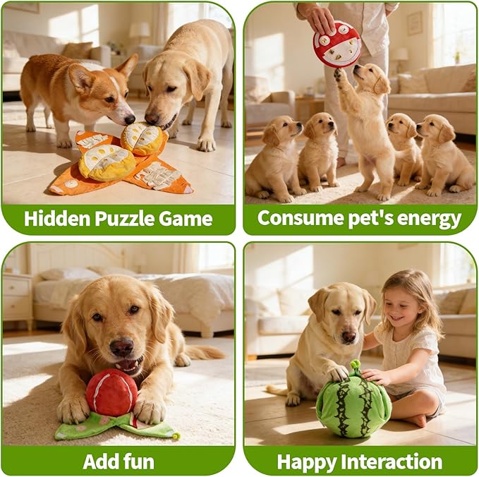 Orange Hide and Seek Plush Dog Toy, Squeakers and Crinkle Paper, Watermelon Puzzle Feeder for Small Medium Dogs, Boredom Relief & Training Aid (Watermelon)